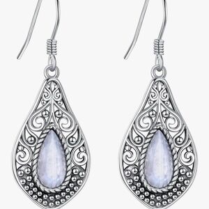 Genuine Moonstone Filigree Dangle Earrings 925 Sterling Silver